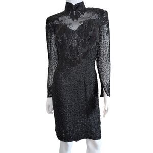 VTG Oleg‎ Cassini Silk Beaded Dress Glam Old Hollywood Statement Witchy Vamp